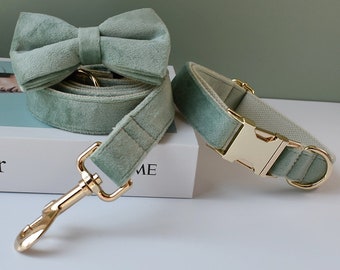 Sage Green Velvet Personalized Bow Tie Dog Collar and Leash Set, Handmade Wedding Dog Collar with Custom Engraved Nameplate