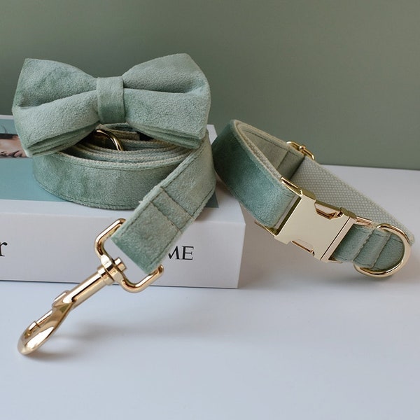 Sage Green Velvet Personalized Bow Tie Dog Collar and Leash Set, Handmade Wedding Dog Collar with Custom Engraved Nameplate