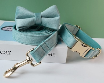 Mint Green Velvet Dog Collar and Leash Set: Personalized Bow Tie, Engraved Nameplate
