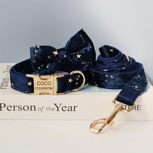Starry Night Velvet Personalized Bow Tie Dog Collar and Leash Set, Handmade Wedding Dog Collar with Custom Engraved Nameplate