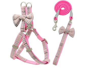 Dog Harness and Leash Set With Bow tie - Pink Plaid