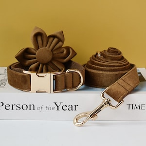 Chocolate Brown Velvet Personalized Dog Collar and Leash Set with Detachable Flower, Handmade Wedding Dog Bow Tie Collar, Dog Collar Flower
