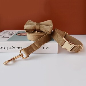 Khaki Velvet Personalized Bow Tie Dog Collar and Leash Set, Handmade Wedding Dog Collar with Custom Engraved Nameplate
