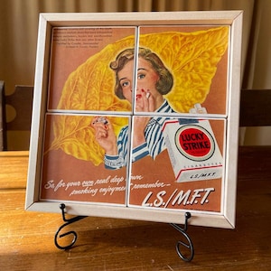 Vintage Lucky Strike coaster set handmade from an actual 1948 Life Magazine ad, handmade wooden tray, stand included.