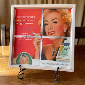 Vintage Chesterfield cigarettes / Joan Crawford coaster set handmade from an actual 1949 Life Magazine ad, handmade wooden tray, stand