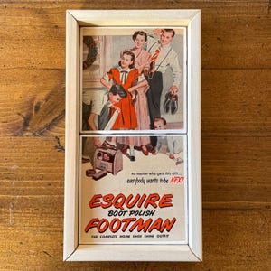 Vintage Esquire Boot Polish coaster set handmade from an actual 1949 Life Magazine ad, handmade wooden tray, one-of-a-kind