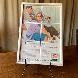 One-of-a-kind set of six vintage coasters handmade with a Pepsi-Cola ad from a 1953 Life Magazine. Served up in a handmade wooden tray.