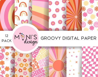 Groovy Retro Digital Paper: 12 JPG Files (Digital Download)