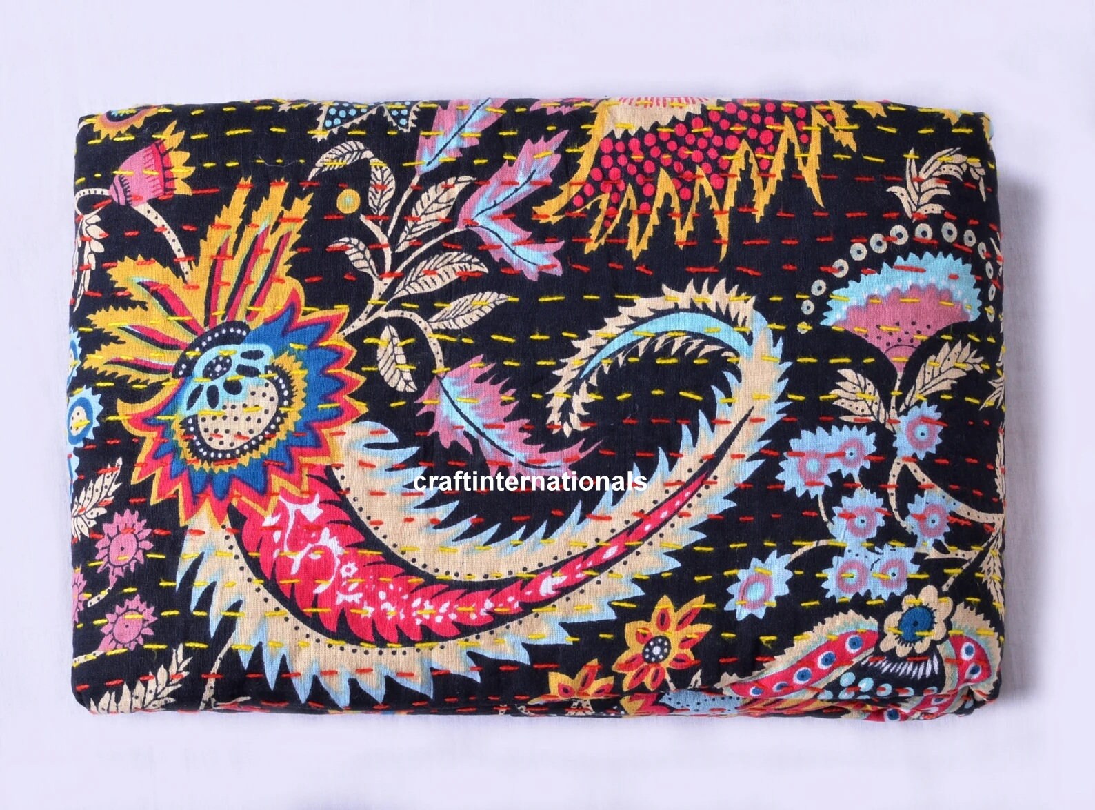 Indian Floral Mukat Print Single Kantha Quilt Throw Blanket Bedspread Quilt 