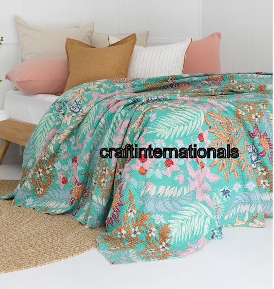 Kantha Quilt Indian Quilt Block Print Quilt Bedspread Bohemian Etsy