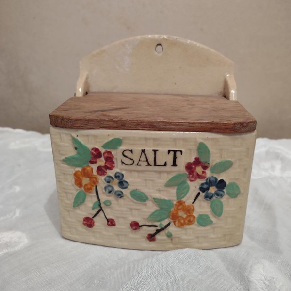 Vintage Salt Box with Wood Lid - Marked Made in Japan