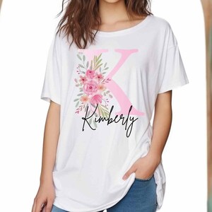 Camiseta inicial, camiseta larga, regalo monograma, camiseta personalizada, camisa personalizada con letras, regalo de cumpleaños, regalo de novia, regalo de esposa