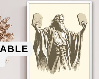 Moses Etching Art, Biblical Illustration, Classical Western Art, Moses with Tablets, Biblical Character Art, Etching Style Moses, Vintage