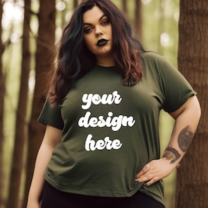 Makieta koszuli oliwkowej plus size, zielona krzywa koszuli, gotycka makieta, jesienna upiorna krzywa Modelka styl życia na świeżym powietrzu