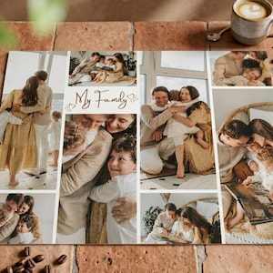 以下が含まれることがあります： 「My Family」の文字が入った、家族写真の長方形フォトコラージュ。コラージュには様々な家族写真が含まれており、背景にはコーヒーカップとコーヒー豆があります。