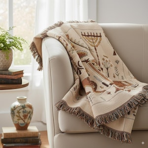 Coperta tessuta Menorah: Leone di Giuda, arte ebraica, decorazione murale Beit Alfa, motivo del tempio, mosaico