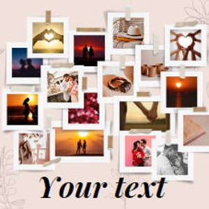 May include: A collage of framed photographs with various images, including landscapes, portraits, and abstract designs. The photos are arranged in a heart shape and are hung on a pale pink wall. The text "Your text" is written below the collage.