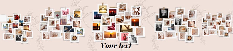 May include: A collage of framed photographs with various images, including landscapes, portraits, and abstract designs. The photos are arranged in a heart shape and are hung on a pale pink wall. The text "Your text" is written below the collage.