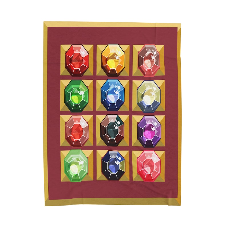 K&ouml;nnte beinhalten: Eine rechteckige Decke mit einem Raster aus zw&ouml;lf farbigen Edelsteinen. Jeder Edelstein ist in einem goldenen Quadrat auf einem burgunderfarbenen Hintergrund mit einem goldenen Rand eingefasst. Die Edelsteine sind in verschiedenen Farben gehalten, darunter Rot, Gelb, Gr&uuml;n und Blau.
