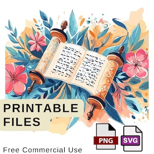 Torah juive entourée de fleurs fraîches à l'aquarelle vintage imprimables png, svg תורה שמחת תורה