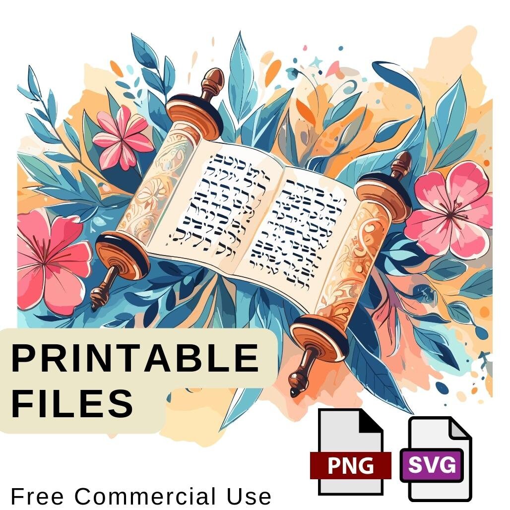 Jewish Torah surrounding with fresh vintage  watercolor flowers printable png, svg ציור תורה שמחת תורה