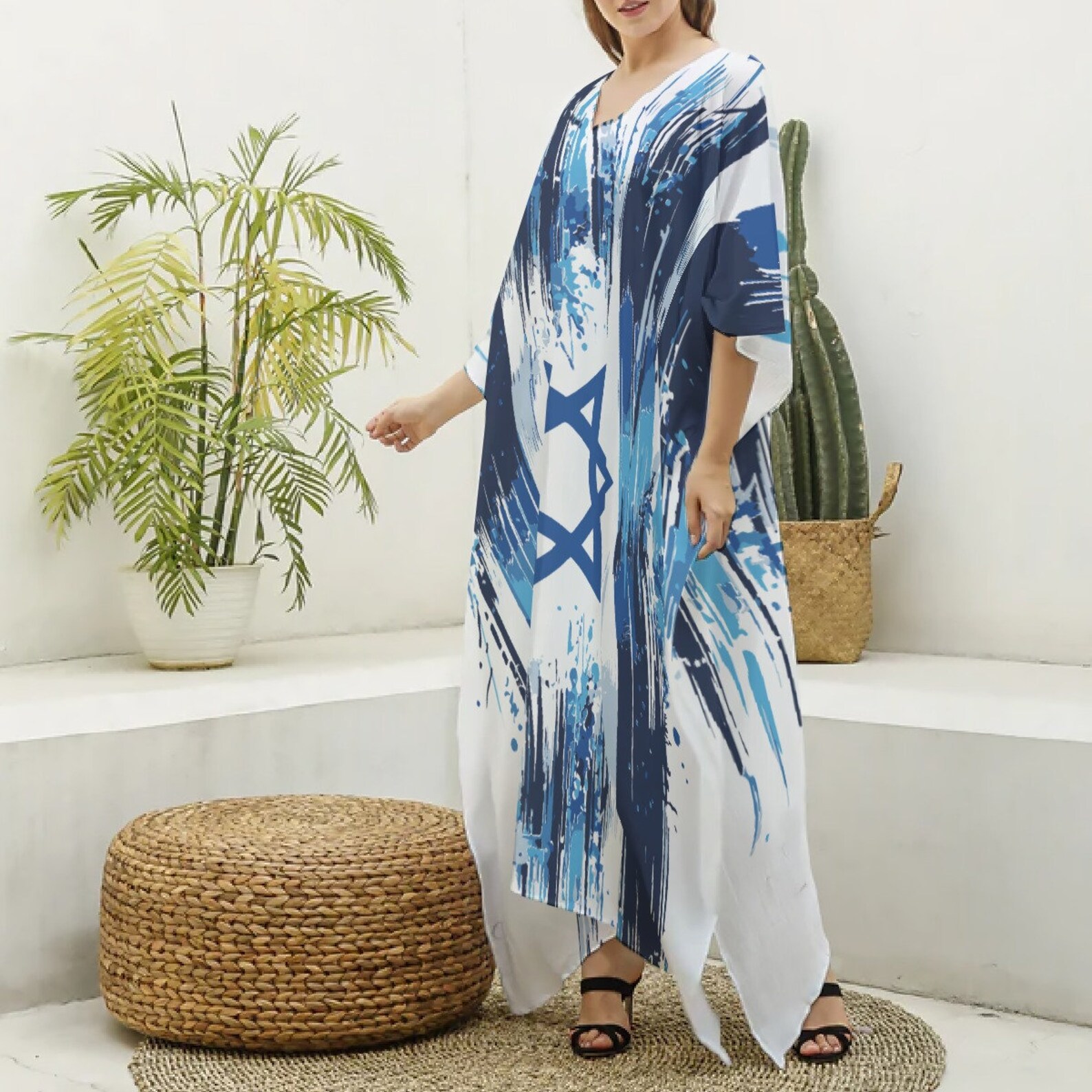 Israel Flag Imitation Silk Dress, V-neck Kaftan Robe Stand Israel Dress ...