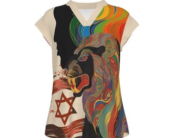 Blusa de manga corta con cuello en V del León de Judá Israel - Stand with Israel, camisa de mujer con estampado integral de moda patriótica israelí