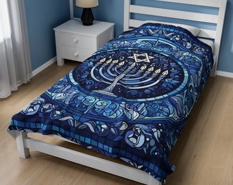 Menorah Jüdische Quilt Decke, Chanuka Decke, Magen David Decke, Davidstern, Samtdecke, Jüdisches Dekor