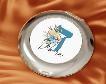 Espejo inicial hebreo, nombre de regalo, espejo de viaje compacto hebreo inicial personalizado, regalo judío para ella personalizado