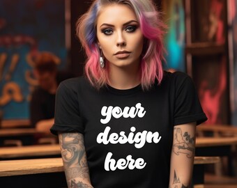 Halloween Black Shirt, Gothic Mockup  black Bella Canvas 3001 T-shirt, witchy T-shirt, Mockup, 3001, Shirt, Fashion tatoo Model