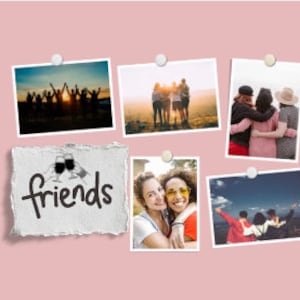 May include: A collage of photos featuring groups of friends enjoying time together. The photos are displayed on a pink wall with white frames and push pins. The text "be the friends" is written on a piece of paper in black ink.