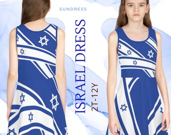 Flag of Israel Girls' Sleeveless Sundress  , israel dress for kids summer camp, from 2 t to xl