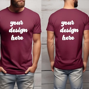 Przód i tył Bella Canvas 3001 Maroon Mockup, Mockup tyłu, Mockup przodu i tyłu Gildan, Mockup koszulki, Mockup modelu, Mockup mężczyzny