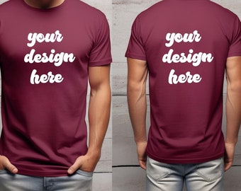 Front and Back Bella Canvas 3001 Maroon  Mockup, Backside Mockup, Front Back Mockup Gildan ,   T Shirt Mock Up, Model Mockup, Male Mockup