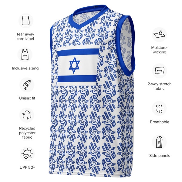 Love Israel basketball jersey,recycled polyester fabric HAMSA  Israeli Flag Glass, Pro-Israel   Israeli  unisex basketball jersey IL