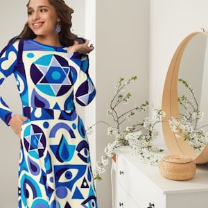 Midi-jurk Judaica: Israel Support, Davidster, Boze oog, lange mouw