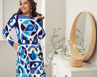 Judaica support Israel  Dress , Judaica blue pattern ,evil eye protection, Jewish star of david  long sleeve midi dress