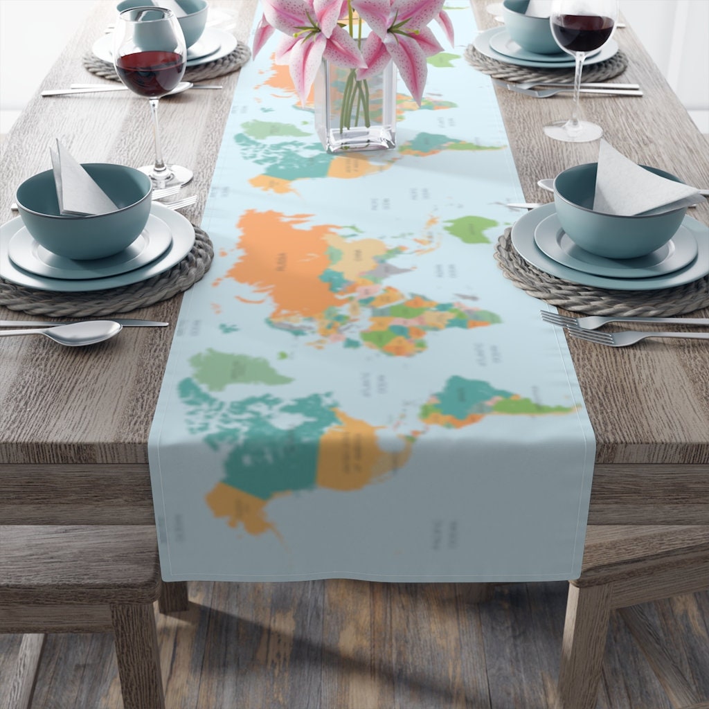Blue World Map Table Runner Map Table Runner World Table - Etsy
