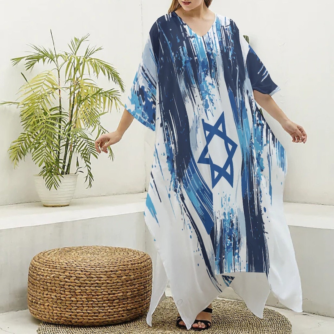 Israel Flag Imitation Silk Dress, V-neck Kaftan Robe Stand Israel Dress ...