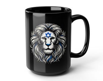 Israel Lion of Judah Am Yisrael Chai Black Mug, Jewish Gifts for Boyfriend, Dad, Girlfriend, Hebrew Heritage, Jewish Holiday Mug