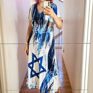 Jurk Stand Israël met zijsplit, Hebreeuwse Pride-jurk, Jurk Israëlische vlag, Jurk Pro-Israël dr V-hals