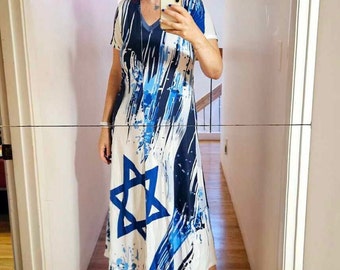 Stand Israel dress With Side Sli, Hebrew pride dress, Israel flag dress, Pro-Israel dr V-neck Dress