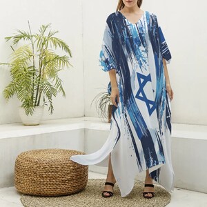 Israel Flag Imitation Silk Dress, V-neck Kaftan Robe Stand Israel Dress ...