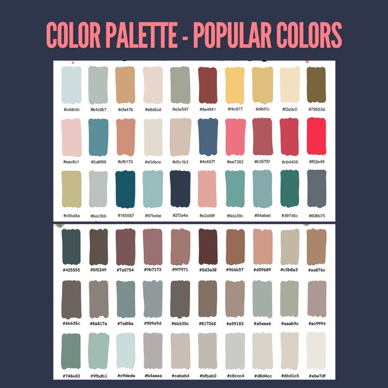 May include: A color palette chart with 100 different shades of color. The colors are arranged in rows and columns, with each color labeled with its hexadecimal code. The colors range from light to dark, and from cool to warm.