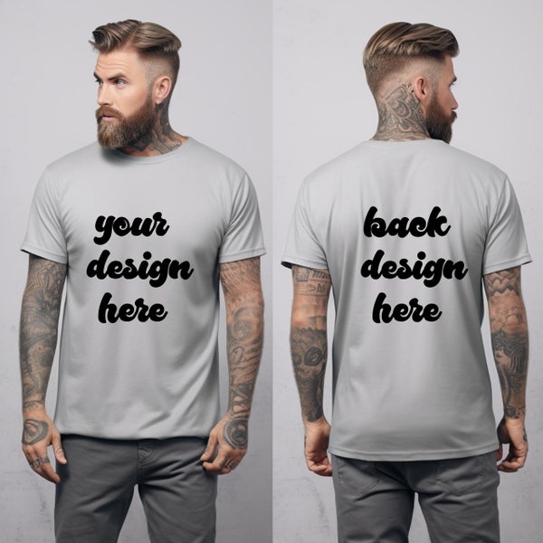 Front and Back Bella Canvas 3001  gray  Mockup, Backside Mockup, Front Back Mockup Gildan ,  T Shirt Mock Up, Model Mockup, Male Mockup