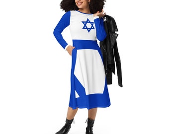 Israel flag Women's  Dress (AOP), stand with israel dress; israeli flag outfit long sleeve midi dress
