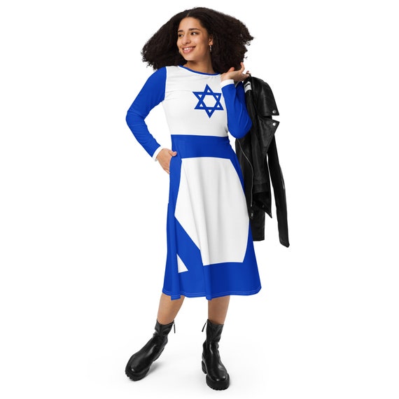 Israel flag Women's Dress (AOP), stand with israel dress; israeli flag  outfit long sleeve midi dress