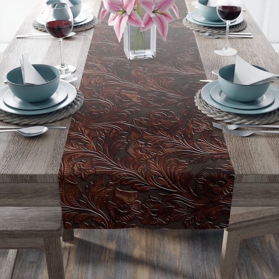 Printed Tooled Embossed Leather style table runner (printed polyester) rustic home decor | Western decor, farm house