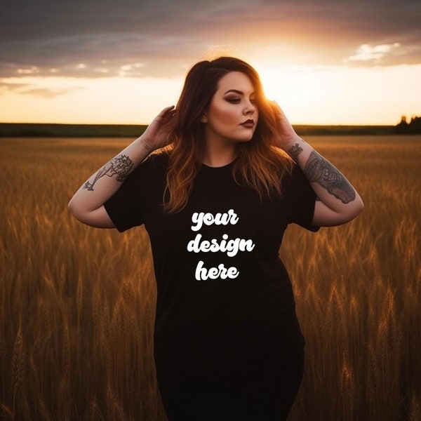 Halloween  tshirt  plus size mockup, Halloween Black Shirt curve, Gothic Mockup, black Bella Canvas 3001 T-shirt, Fall, Spooky  Model