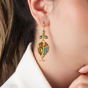 Handmade Turquoise & Pearl Gold Dangle Earrings: Turkish Jewelry